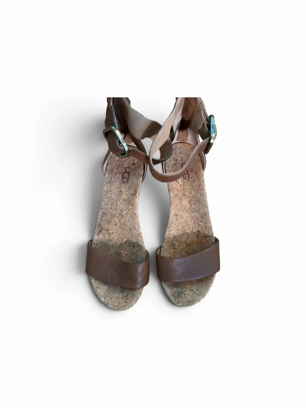 UGG Zoe Cork Brown Leather Cork Wedge Sandals with Tassel - Picture 4 of 6